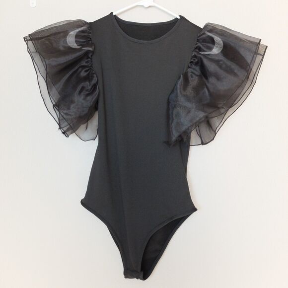 Black Sexy Flutter Sleeve Bodysuit Size Medium - Picture 10 of 12